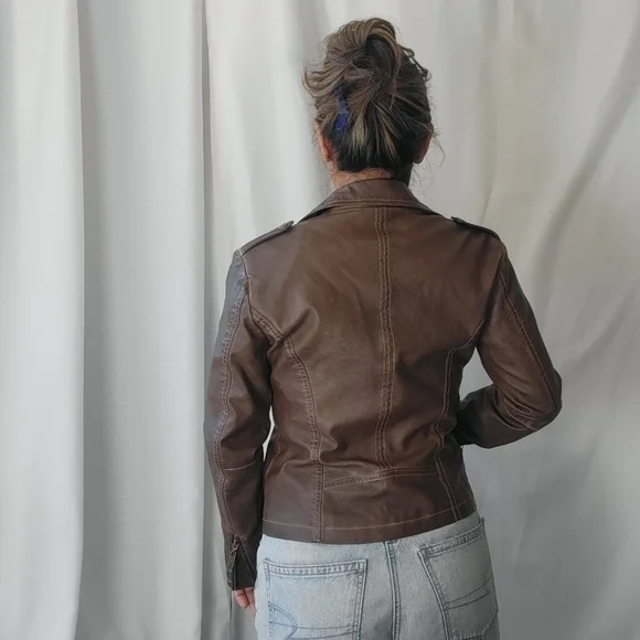 Mavi Chocolate Brown Faux Leather Moto Western Jacket - Picture 6 of 11